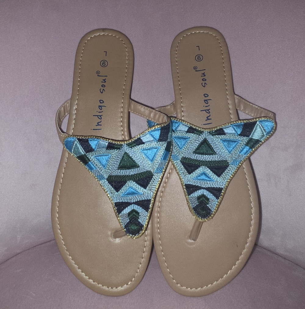 indigo soul Tan Thong Sandals with Blue & Teal Embroidered Accents